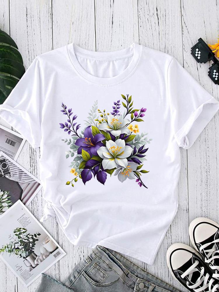(Asiatische Größe) Trend Aquarell Blume Rundhals Kurzarm T-Shirts Mode Damen Freizeitkleidung Damen Oberteil T-Shirt Bedrucktes Grafik-T-Shirt