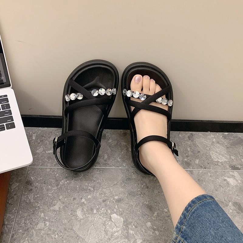 European station thick-soled French sandals for women to wear in summer to increase the sense of high-end Roman sandals with rhinestones