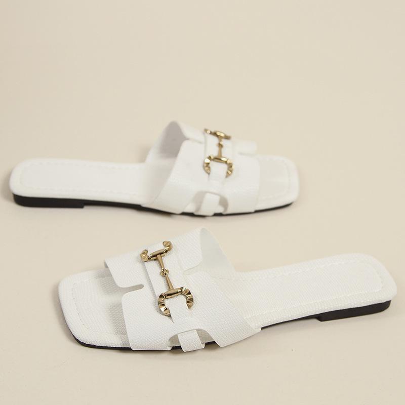 Wear Metal Buckle Square Head Flat Slippers Women's Summer New Sandals Large Size Slippers