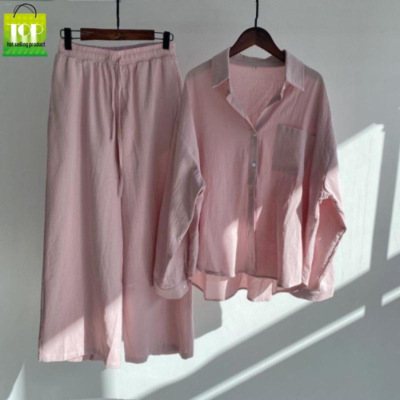 Women's Retro Plus Size Cotton Linen Shirt and High Waist Wide Leg Pants Two-Piece Set 2025