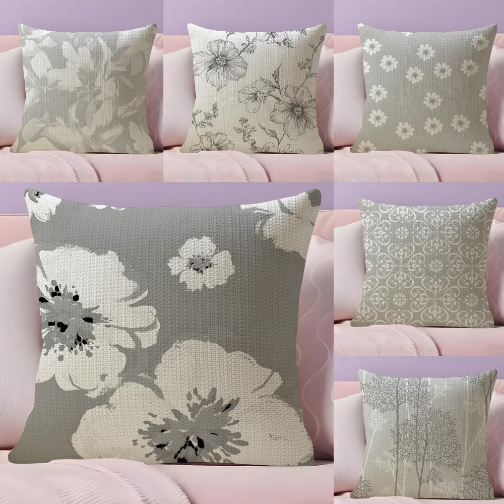 Gray White Flower Pattern Cushion Cover Natural Linen Pillow Case DoubleSided Print Decorative Sofa Pillowcase Home Decor Gift