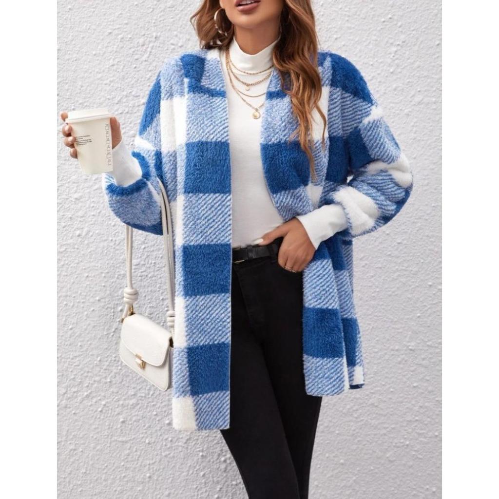 Damen Herbst- und Winter Kapuzen-Plaid Warmes Oberteil, Mittellange Plüsch-Cardigan-Jacke