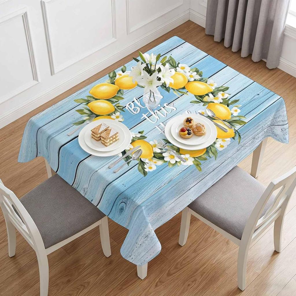 Sommer Zitronenblüte Blaue Holzmaserung Tischdecke für Tischdekoration Waschbar Bauernhaus Küche Esstischdecke Urlaubs Party Dekoration