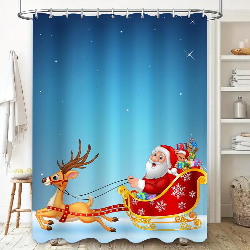 Tu Santa Claus Christmas Shower Curtain Festive Holiday Reindeer Sleigh Winter Themed Bathroom Decor Merry Xmas Gift Holiday Spi