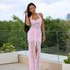Damen Halter Ärmellos Maxikleid Figurbetont Hohe Taille Durchsichtige Spitze Raffung Hoher Schlitz Urlaubs-Party Langkleid