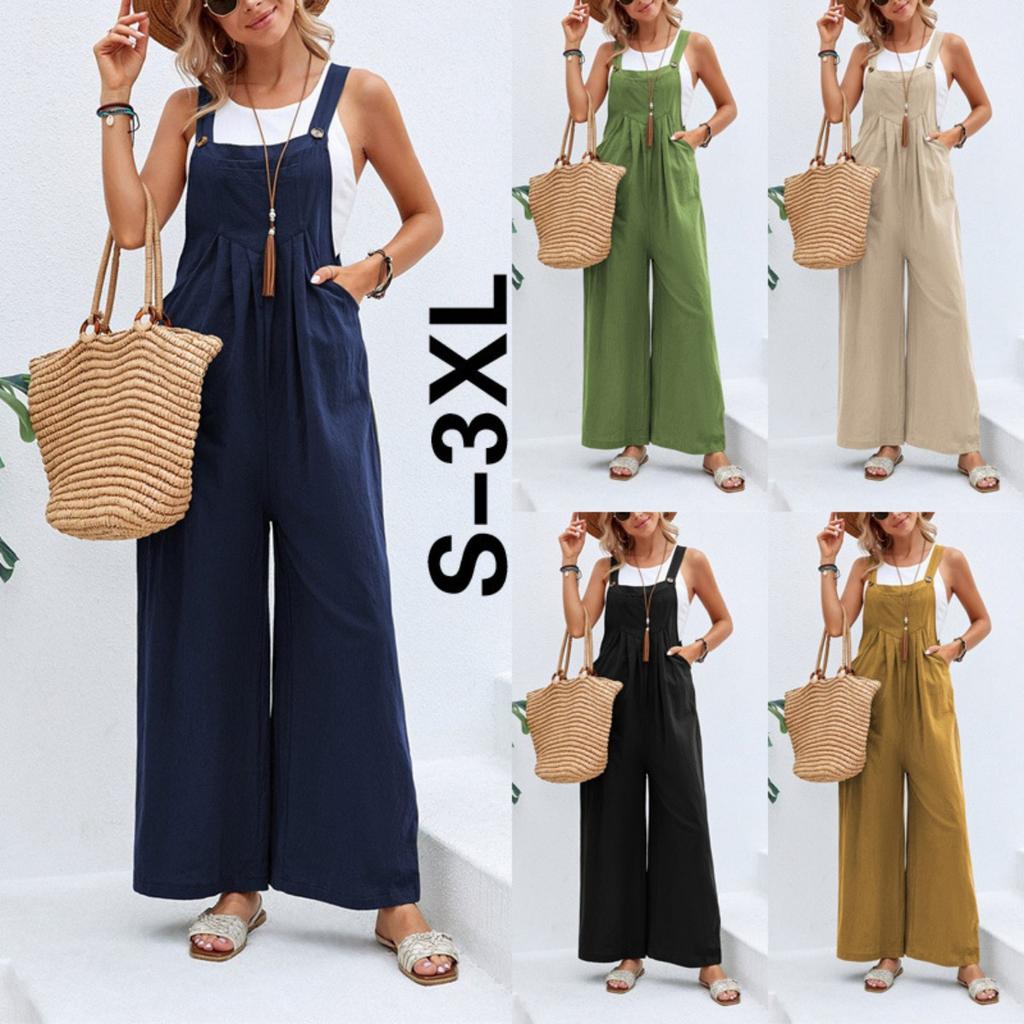 Women's Clothing, Solid Color Casual Overalls, Straight Leg, Comfortable Overalls, Mid Waist, Patchwork/spliced Pants