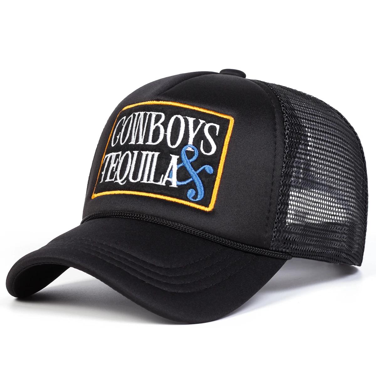 

Унисекс Шляпы-бейсболки с вышивкой букв COWBOYS TEQUILA, сетчатые, весенне-осенние, для улицы, регулируемые, повседневные, от солнца, спортивные чёрный