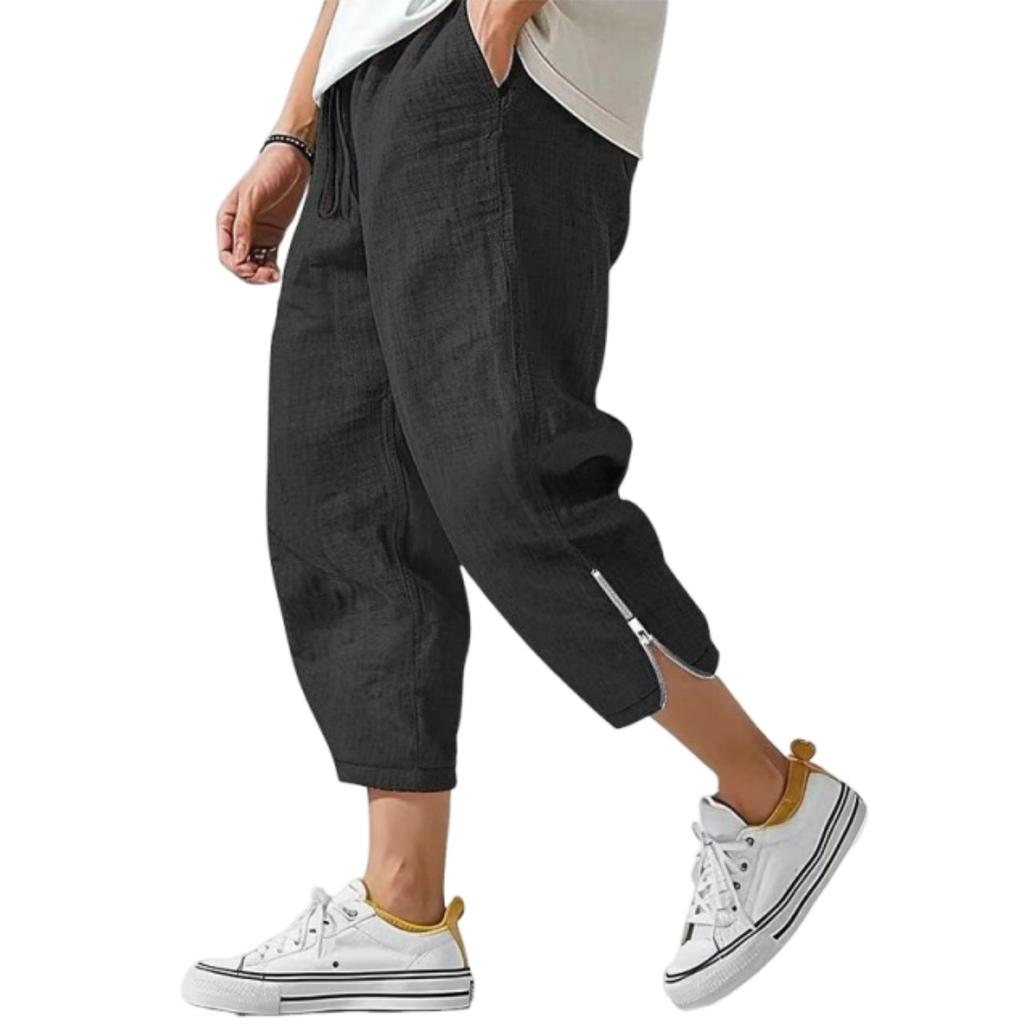 Men's Linen Drawstring Cropped Pants, Casual Athletic Trousers