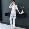Spring/Summer Retro Ink Print Cheongsam & Trousers Zen Tea Suit - National Style Beauty Salon Workwear.