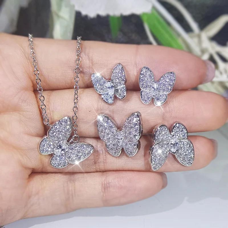 Original Sterling Silver Bride Sets Women Wedding Lovely Little Butterfly Ring Necklace Earrings Sets Silver