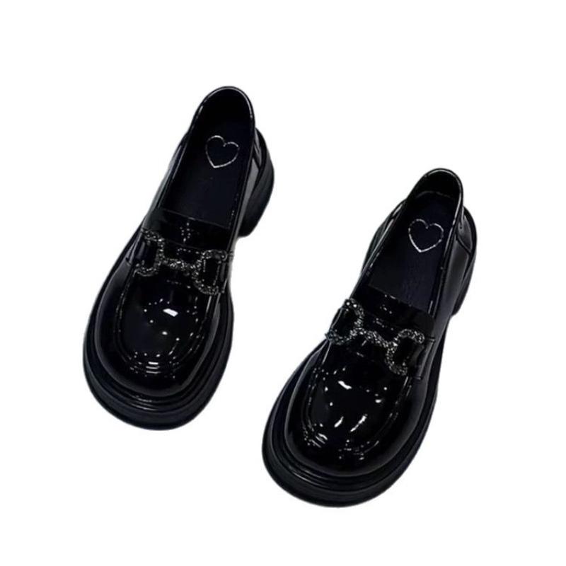 Platform women's autumn new versatile retro fashion stacked rhinestone small leather shoes women