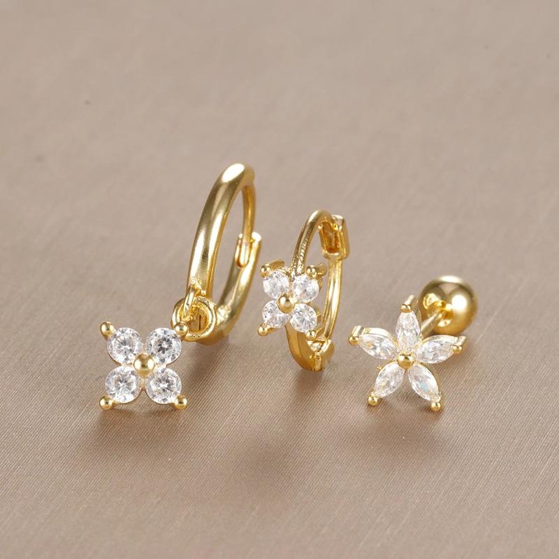 

3 шт. винтажный дизайн, четыре цветка, циркониевые серьги-кольца, набор для женщин, крошечные серьги из нержавеющей стали для пирсинга хряща, ювелирные изделия, подарок 3 PCS WITH A SET
