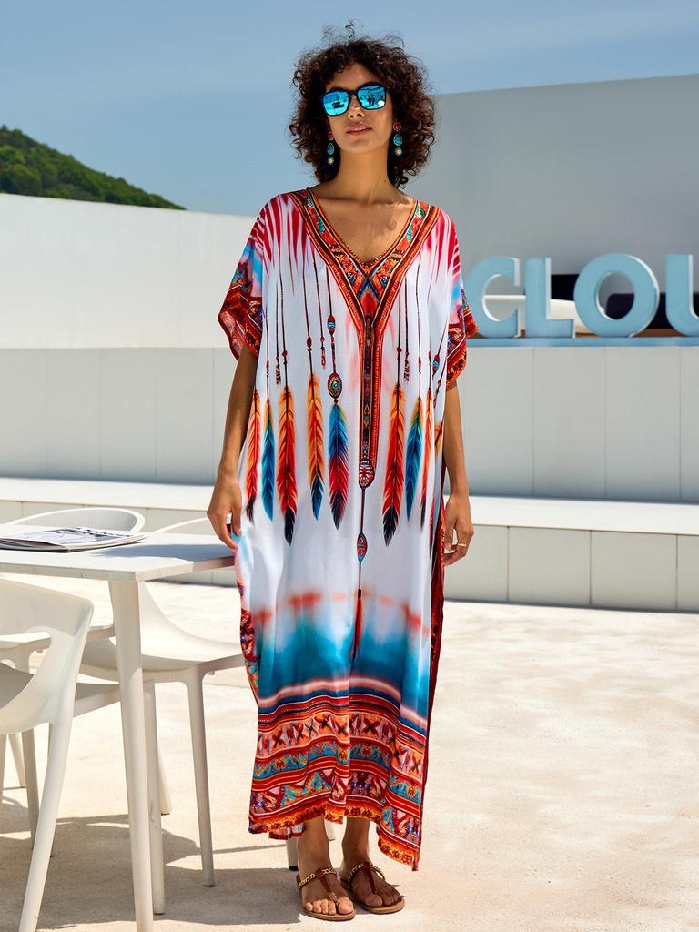 European & American Cotton Print Beach Cover-Up Long Dress - Plus Size Swimsuit Sunscreen Robe