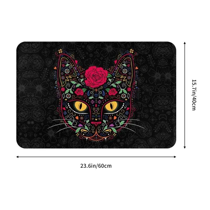 Day Of The Dead Kitten Cat Sugar Skull Front Floor Door Entrance Mats Outdoor Mexican Halloween Floral Doormat Garden Carpet Rug