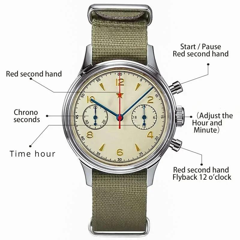 Reloj Mecánico Cronógrafo Piloto Retro para Hombre, 1963 Movimiento Seagull Carga Manual Reloj de Pulsera para Hombres