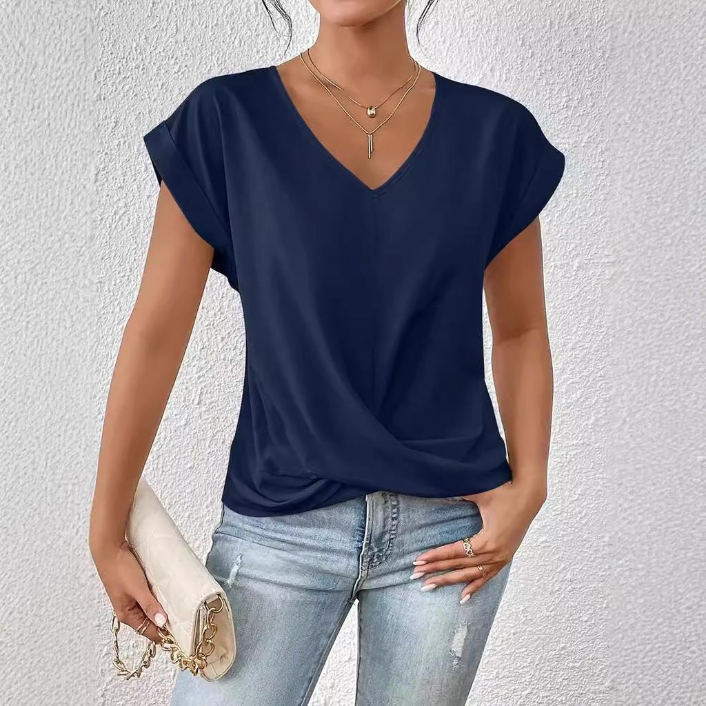 Elegant Short Sleeved Top for Spring and Summer Solid Color V-neck Women's T-shirts