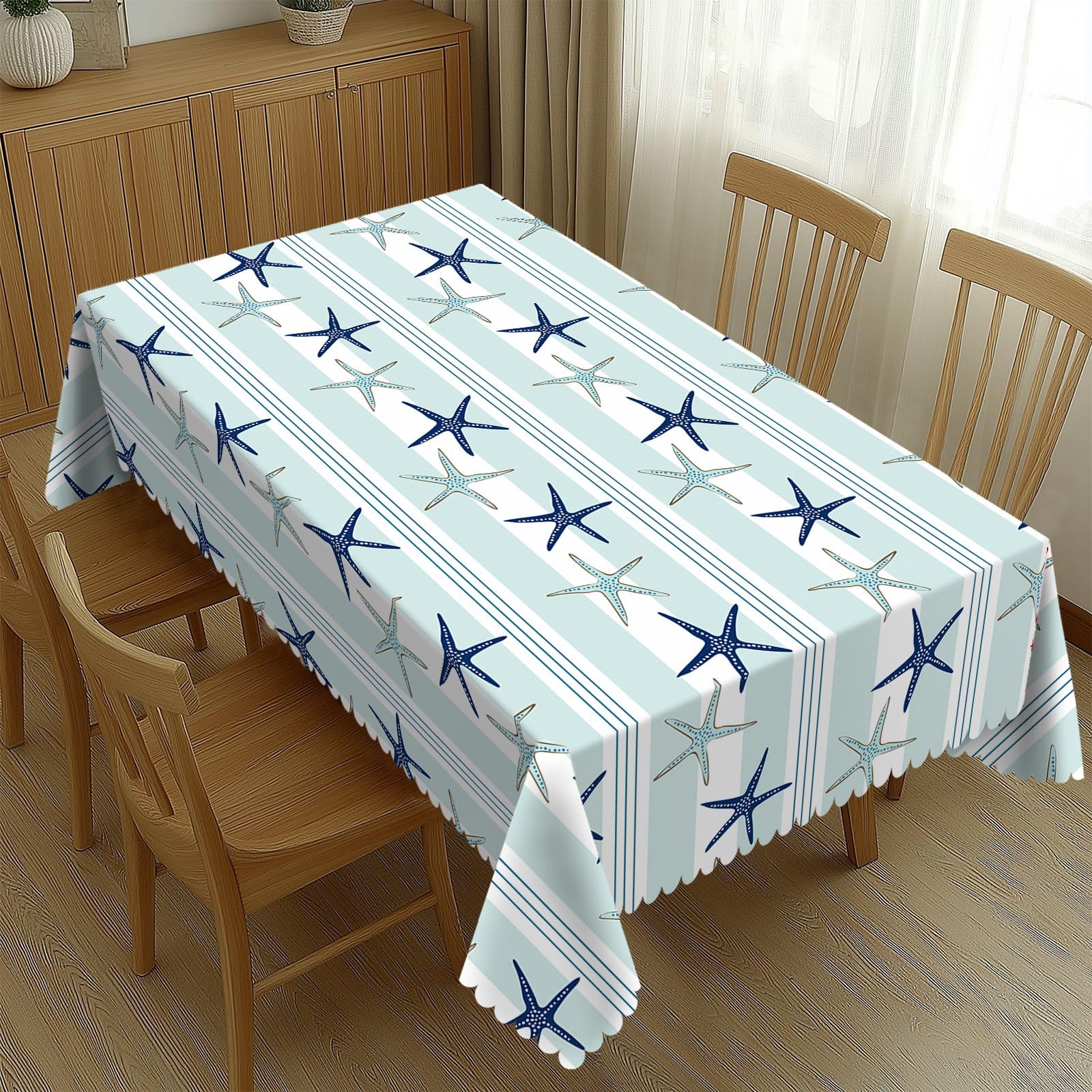 Kust Zeester Gestreept Tafelkleed, Nautisch Blauw Wit Tafelkleed, Waterdicht Polyester voor Keuken Eetkamer Strandfeest Huis D 140x140cm