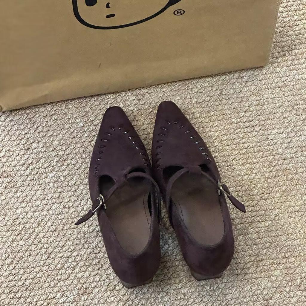 Retro Pointed Mary Jane Small Leather Shoes Women's Autumn New Versatile Soft Sole Suede Low Heel Pointed Single Shoes