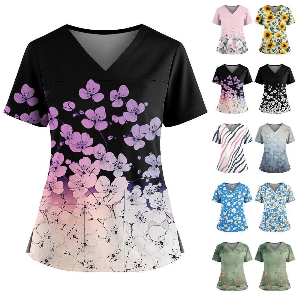 Women's Casual Printed V-Neck Pocket Side Slit Short Sleeved Top Short Sleeved Top