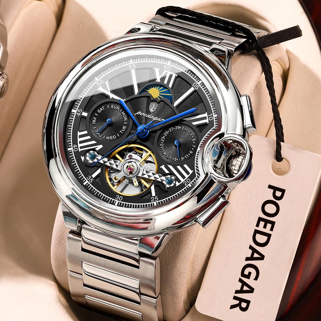 Luxury Business Male Watch Date Week Stainless Steel Tourbillon Men Clock Waterproof Automatic Mechanical Men's Watches