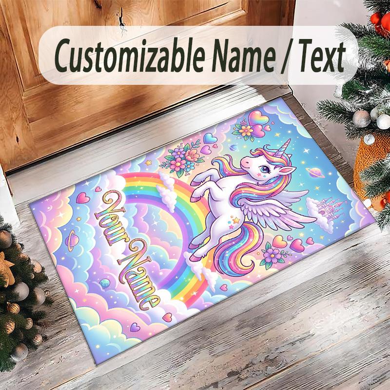 Alfombra de Suelo de Terciopelo de Cristal con Temática de Unicornio, Alfombra Cálida Personalizada con Nombre y Texto, Decoración del Hogar