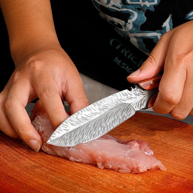 Pocket Knife Professional Kitchen Knives Stainless Steel Boning Butcher Knife with Sheath Feather Pattern Forged Meat Cleaver