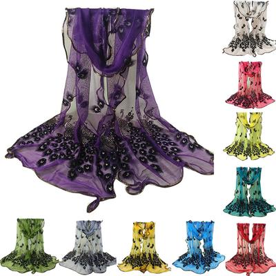 Damen-Schal mit Pfauenblüten-Stickerei, Spitze, langer, weicher Wickelschal