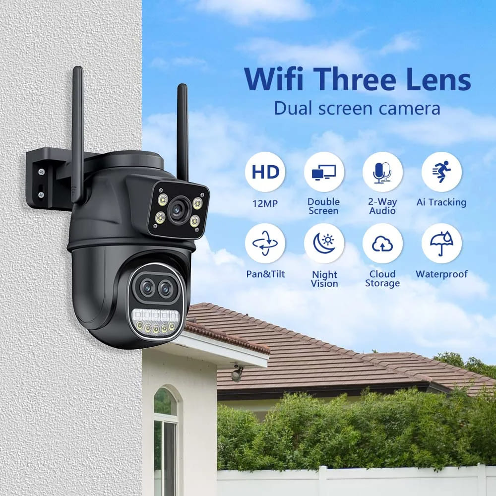 New 12MP 6K WiFi IP Camera Outdoor Three Lens Dual Screens 8X Zoom CCTV PTZ Video Cam Auto Tracking Security Protection Surveillance