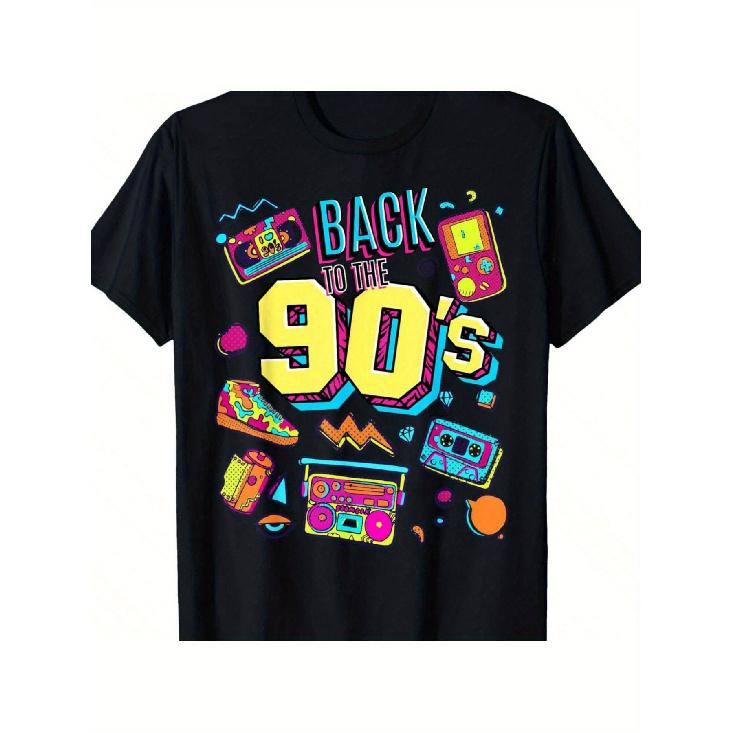 Retro 90er Grafik-T-Shirt - Weiches Baumwoll-Freizeit-Rundhals-T-Shirt für Männer & Jugendliche, Lebendiges Geometrisches Design mit "Back to the 90's" Aufdruck, Perfekt für