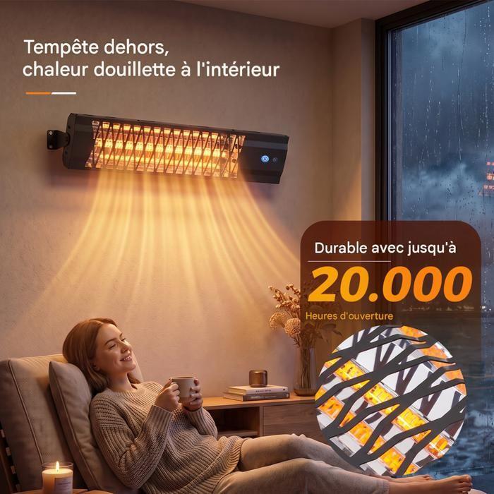 Outdoor Radiant Heater - NETTLIFE - 2000W Matte Black 65 X 13.1 X 6 Cm - IP65 - Indoor/outdoor