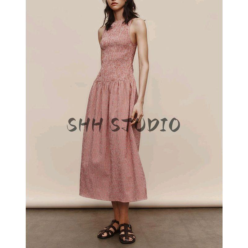 Summer New Women clothes Honeycomb Format Elastic round Neck Sleeveless Midi Dress 3067329 3067229