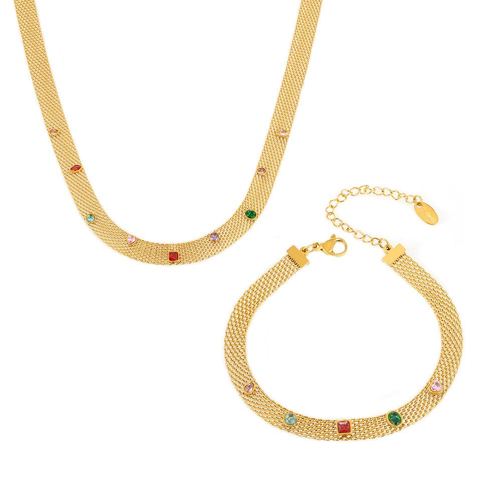 Trendy INS Style Chain Ribbon Set Geometric Multi-Color Zircon Titanium Steel PVD Coated Necklace Bracelet Stainless Steel