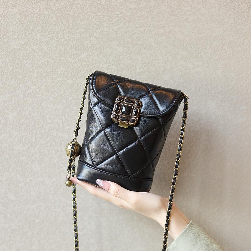 Fashion Leather Chain Mobile Phone Bag Xiaoxiang New Diamond Gem Small Gold Ball Single Shoulder Calfskin Women's Bag