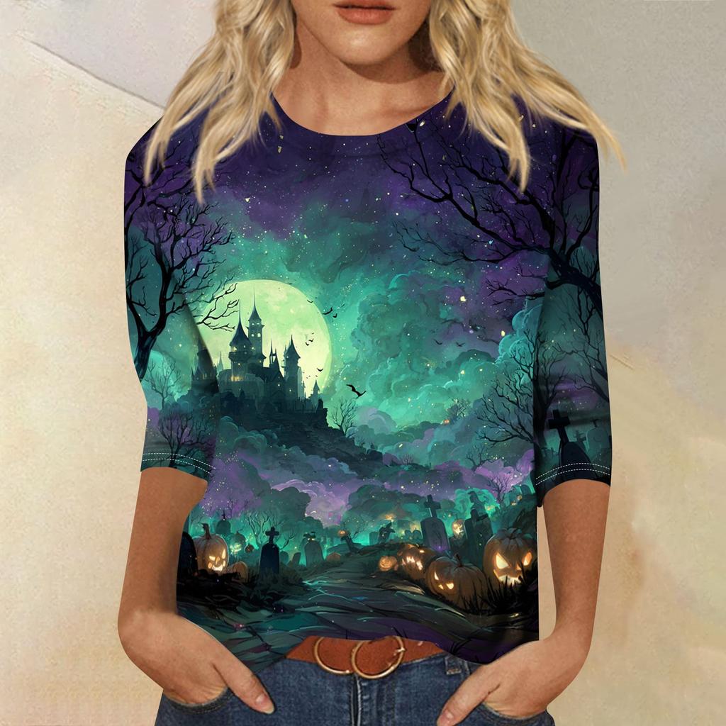 Women's Halloween Print Shirt Three Quarter Sleeve Round Neck Loose Casual Blouse T Shirt Suitable for Seasonal Wear and Everyday Use