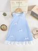 Single-piece Girls' Everyday Casual Dress, Cute and Fresh Blue Color with Ribbon Trim and a Cute, Fresh Look.