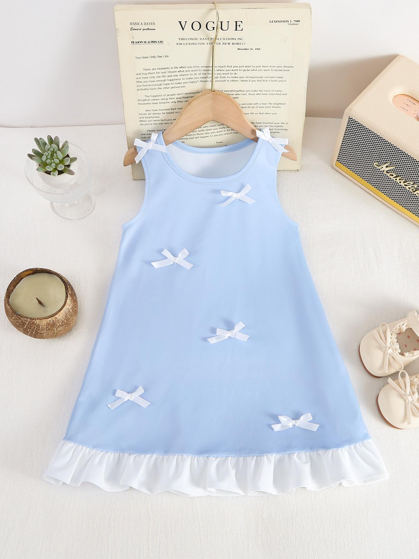 

Single-piece girls everyday casual dress, cute and fresh blue color with ribbon trim and a cute, fresh look. 2-3Y синий