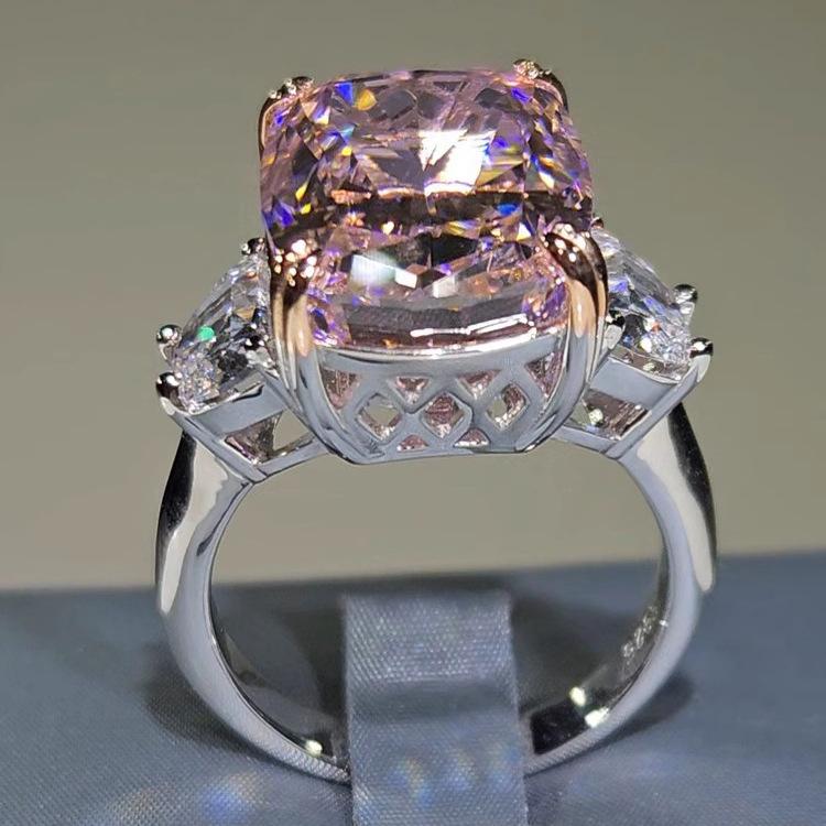 Wosikate Luxury Square High Carbon Diamond Ring For Women Copper Fashion Jewellery Cherry Blossom Pink Zirconia Finger Ring