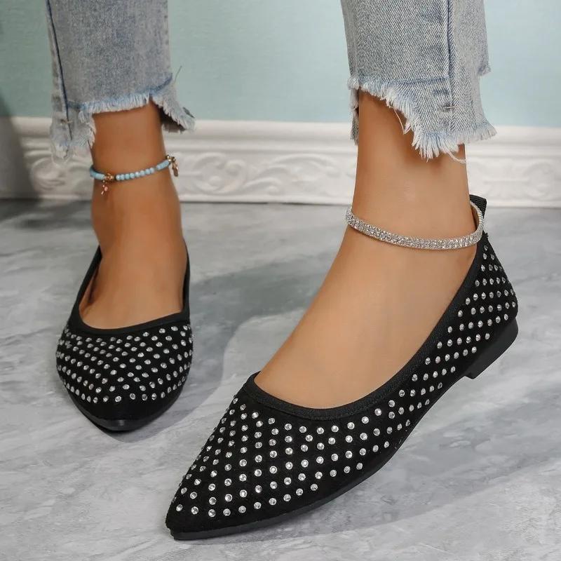 Women's Flat Shoes Autumn New Pointed Head Shallow Mouth Rhinestone Soft Sole Anti-slip Wear-resistant Single Shoes