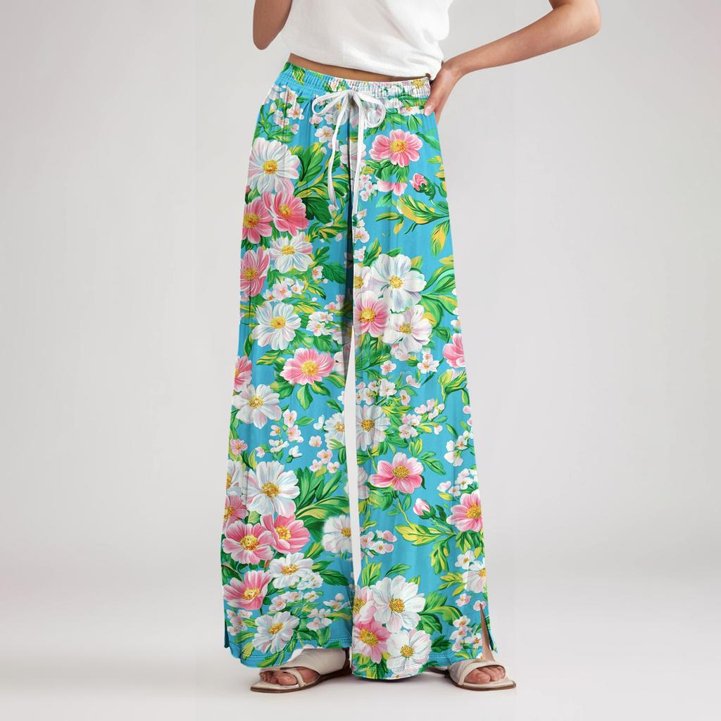 Women's Loose Casual Floral Print Wide Leg Pants With Elastic Waist Drawstring And Pocket Pants