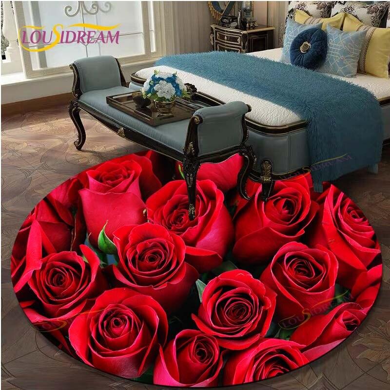 Cute Rose Flower Pattern Area Rug Round Floor Mat Living Room Carpet Bathroom Kitchen Rug Doormat
