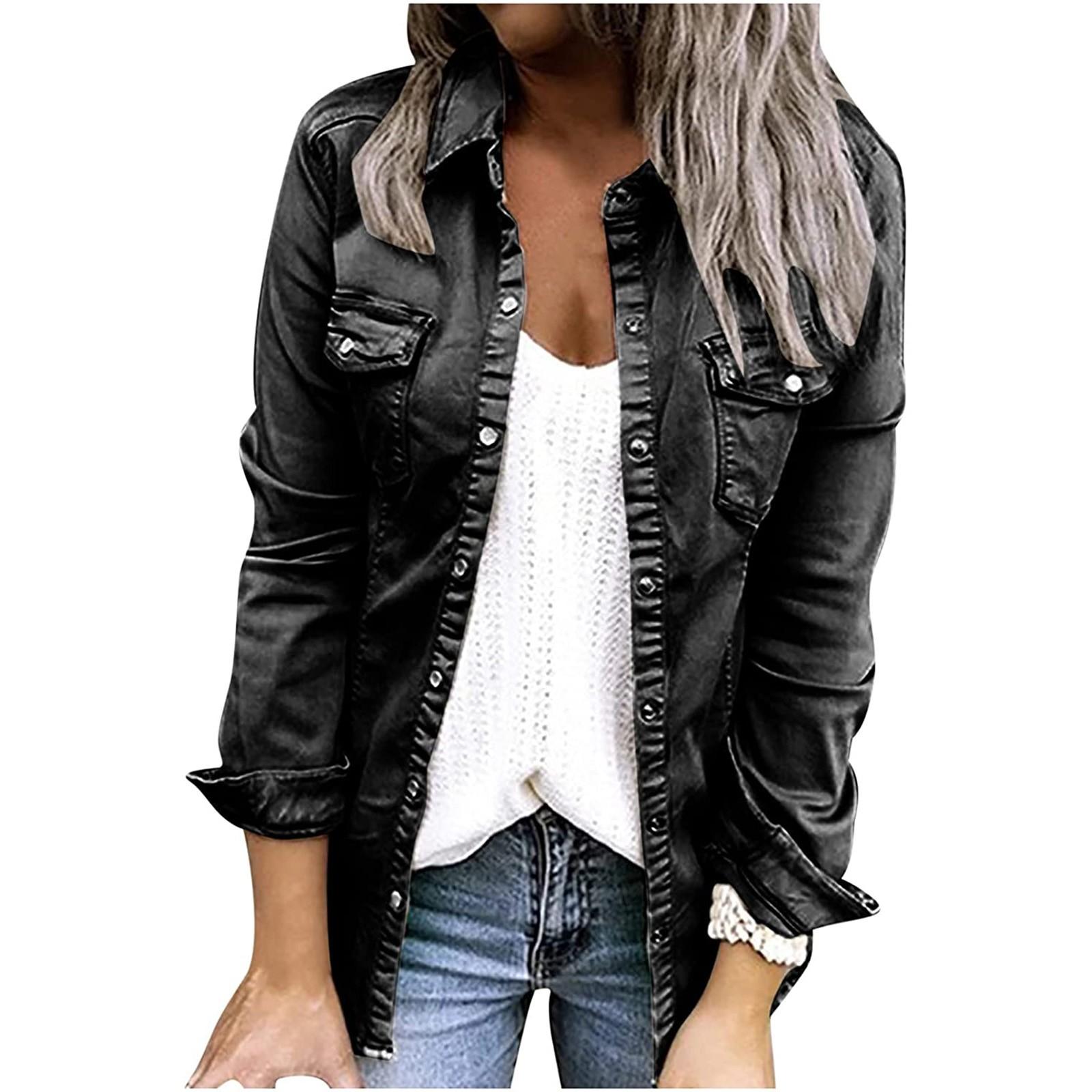 

Модная женская свободная однотонная джинсовая рубашка с длинными рукавами и карманами на пуговицах L чёрный