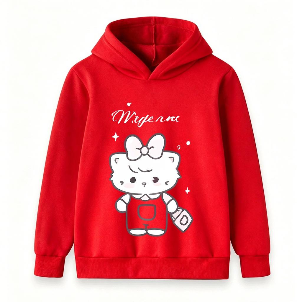 Cute Cartoon White Kitten Print Kids Hoodie, Soft Cozy Pullover Sweatshirt for Boys Girls, Casual Long Sleeve Top for Daily Wear Autumn Winter