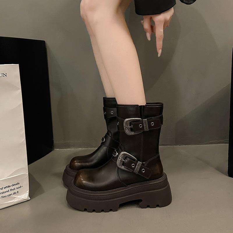 Martin Boots Women's Autumn and Winter Velvet Retro Western Boots Belt Buckle British Style Medium Tube Locomotive Short Boots Leather Shoes Black