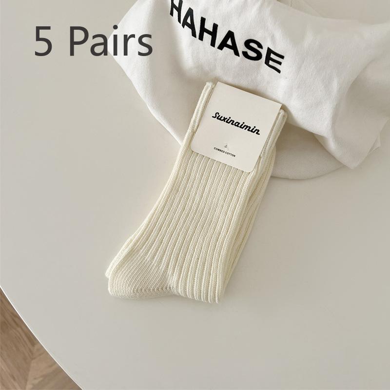 5 Pairs of Women's Spring and Autumn Versatile Slimming Vertical Striped Mid Top Stack Socks