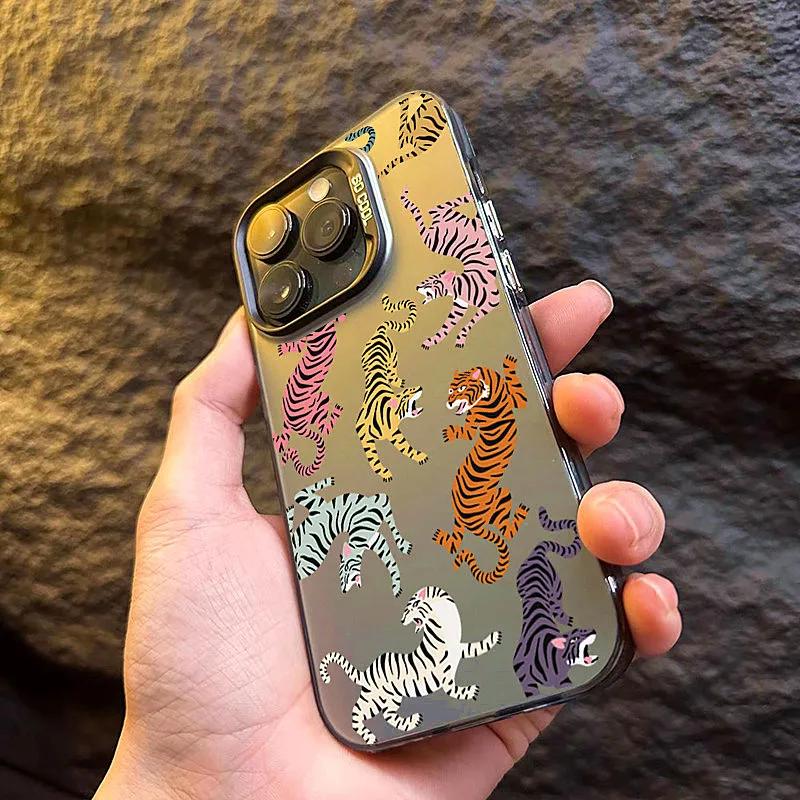 Colorful Tiger Print Electroplate Silver IMD Phone Case for IPhone 16 Cases IPhone 15 14 13 12 11 Pro Max X XR 7 8 Plus Cover