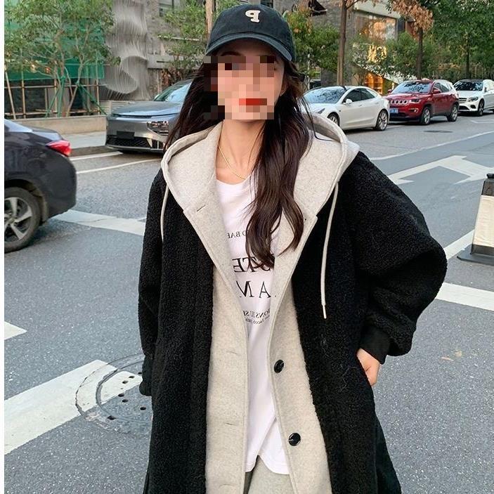 Women Hooded Coat Fake Two Pieces Spring Korean Long Sleeves Lamb Causal Midi Jacket Women Single Breasted Outwears