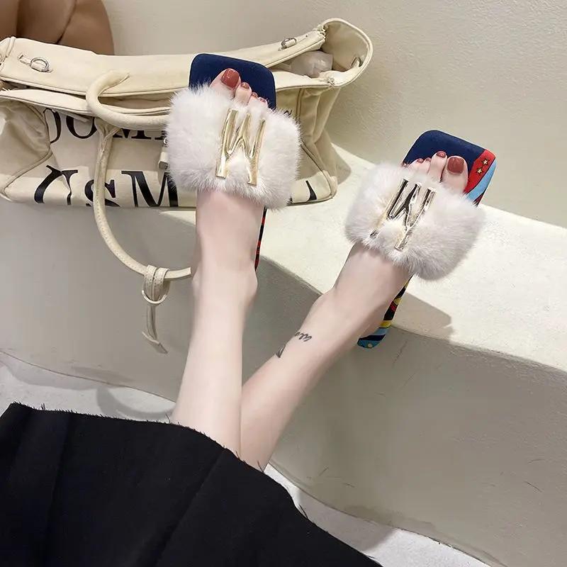 Large Size Slippers Women Autumn Winter New Plush Slides Women Flats One Word Women Slippers Korean Style Home De Mujer 35 2198₽