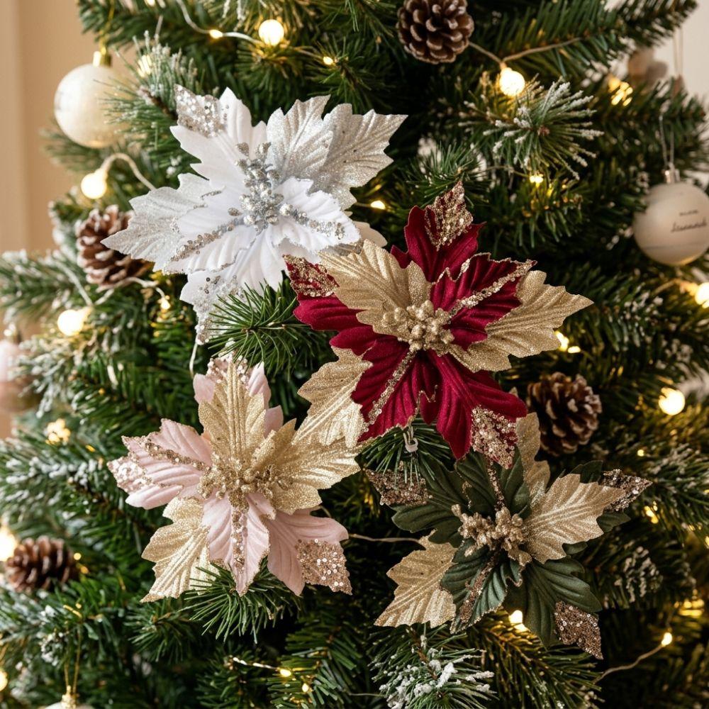 Glitter Powder Sequin Velvet Christmas Flower with Stem Colorful Fake Flower Ornament Sequins Shape Retention Xmas Tree Pendant