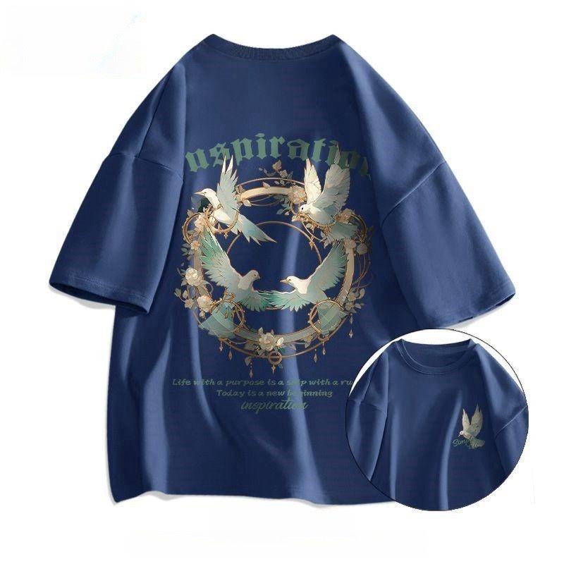 Мужская летняя футболка с коротким рукавом новая модная брендовая американская зеленая свободная хлопковая с рукавом до локтя трендовая XXXL темно-синий 1809₽