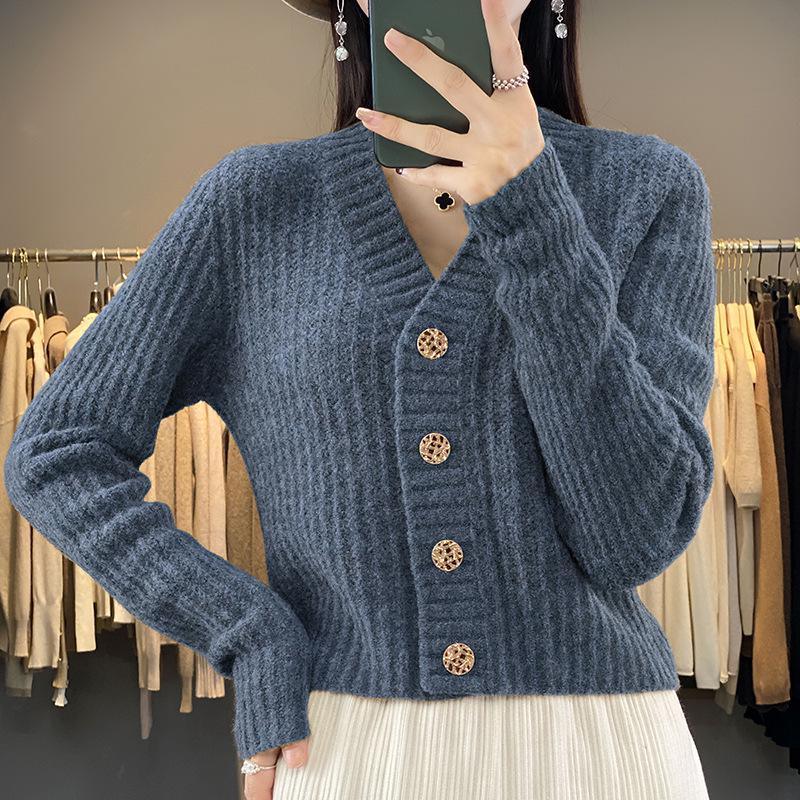 Women's Early Autumn High-Waisted Knit Cardigan - V-Neck, Fine Imitation Wool, Net Celebrity Style